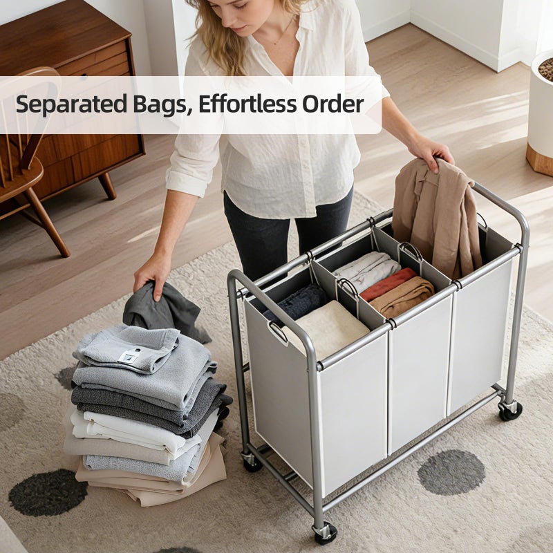 ROMOON Laundry Sorter, 3 Section Heavy Duty Laundry Hamper with Wheels and Removable Liners, Space-Saving Organizer for Laundry Room, Apartment, Dorm, Closet Storage (Gray) - Image 3